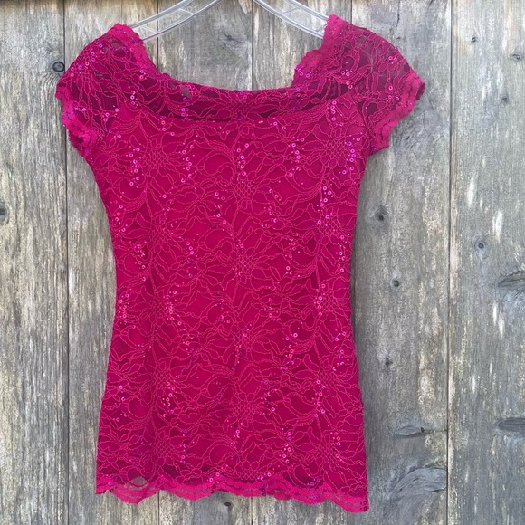 Boston Proper Lace & Sequin Top. Magenta, Stretchy, Lined. Made In USA Size XS - Picture 9 of 9
